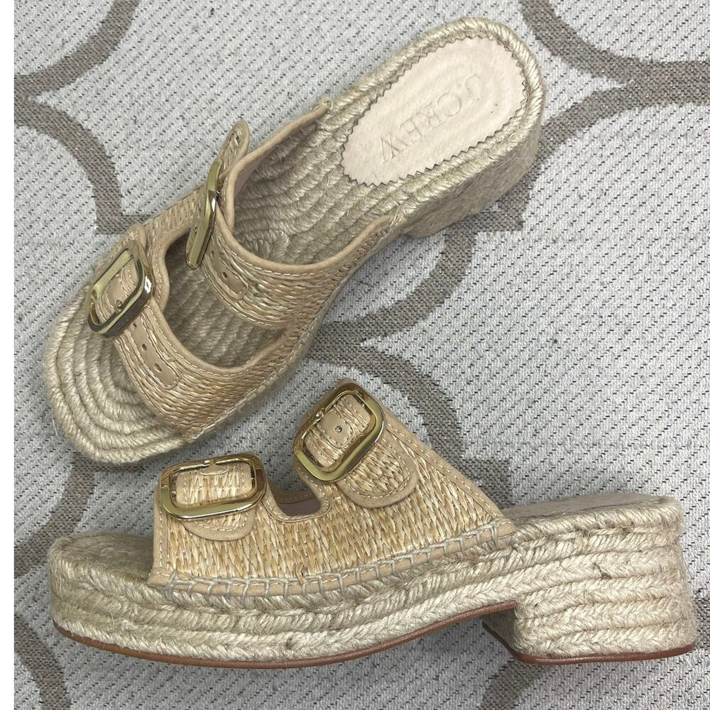 J.Crew Natural Raffia Buckle Block Heel Sandals Double Strap Gold Buckles Size 8